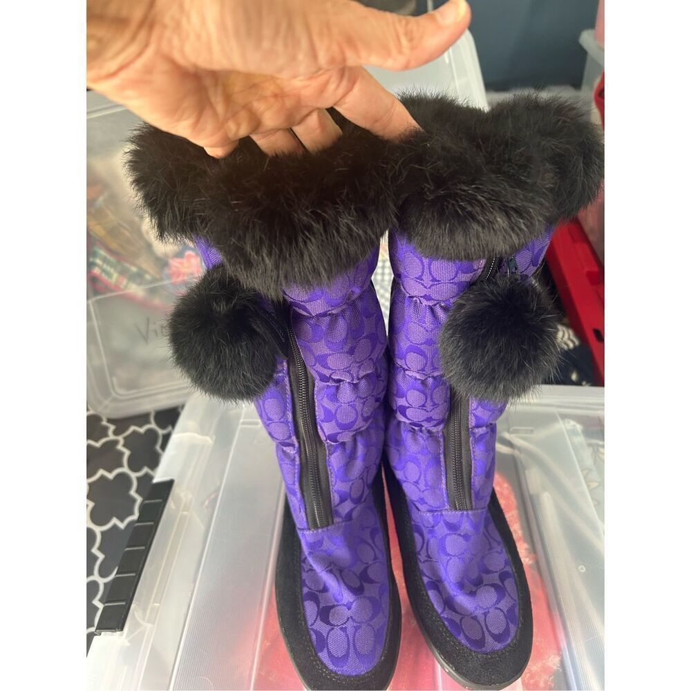 COACH Women's Purple Theona Signature Jacquard Rabbit Fur Winter Boots - Picture 9 of 9